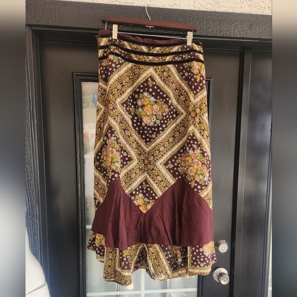 Free‎ People Vintage Brown Bohemian Maxi Skirt  Ruffle Hem Velvet Trim - Picture 1 of 8